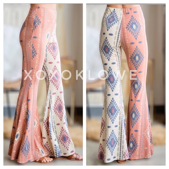Aztec Print Half & Half Bell Bottom Flares High Waist Slim Fit - Picture 7 of 15